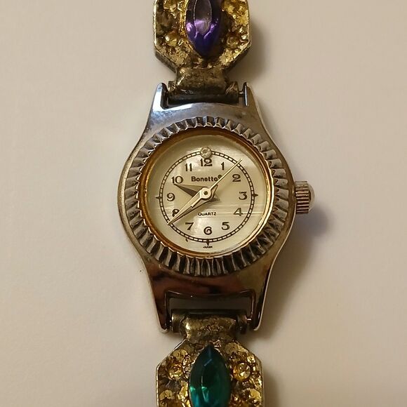 Vtg Bonetto Japan MOP Dial Colorful Charm Silver Tone Bracelet Watch - Tarnish - Picture 2 of 16